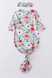 Red floral print bamboo baby gown