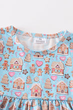 Load image into Gallery viewer, Blue gingerbread print ruffle dress
