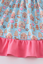 Load image into Gallery viewer, Blue gingerbread print ruffle dress

