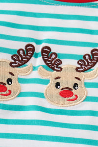 Green stripe christmas deer embroidery boy set