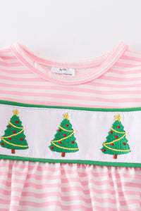 Pink christmas tree embroidery stripe ruffle bubble