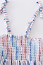 Load image into Gallery viewer, Blue stripe smocked strap girl bubble
