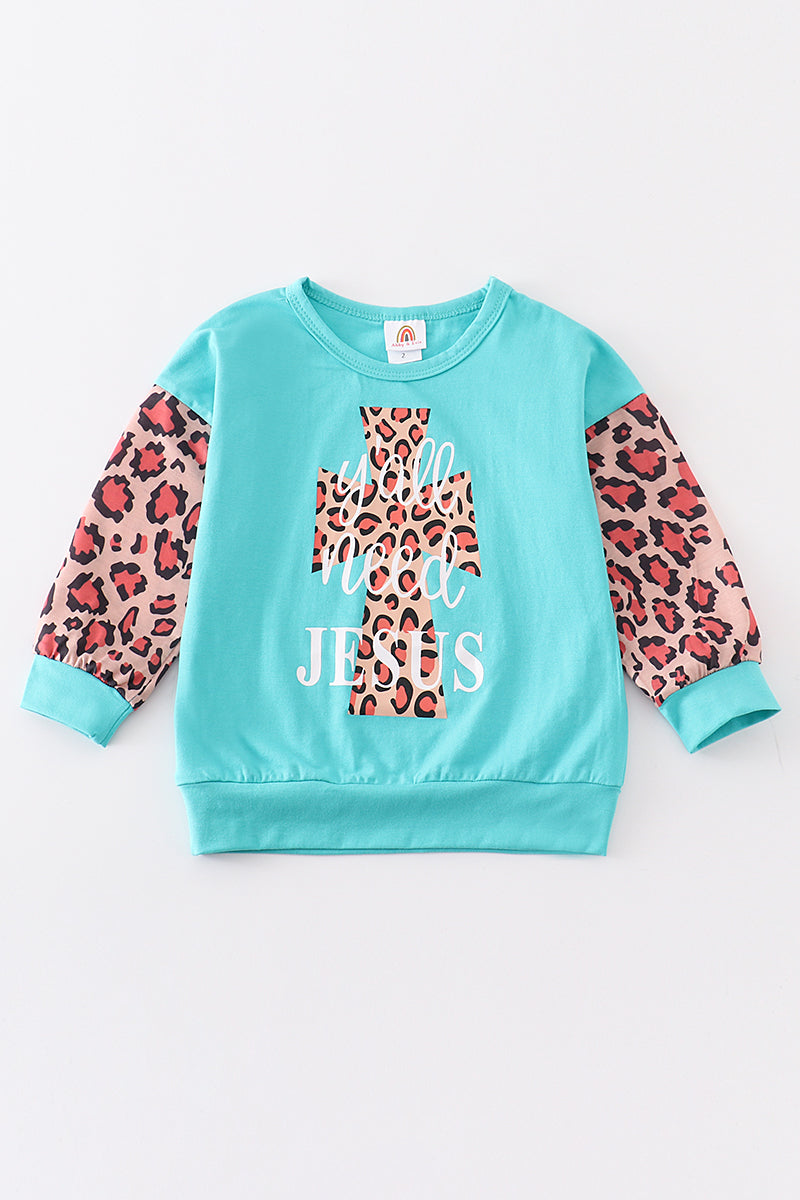 Teal leopard cross sweatshirt