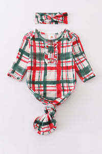Green plaid hairband bamboo baby gown
