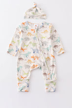 Load image into Gallery viewer, Grey dinosaur print bamboo romper
