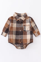 Load image into Gallery viewer, Brown plaid button down boy onesie shirt
