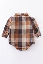 Load image into Gallery viewer, Brown plaid button down boy onesie shirt

