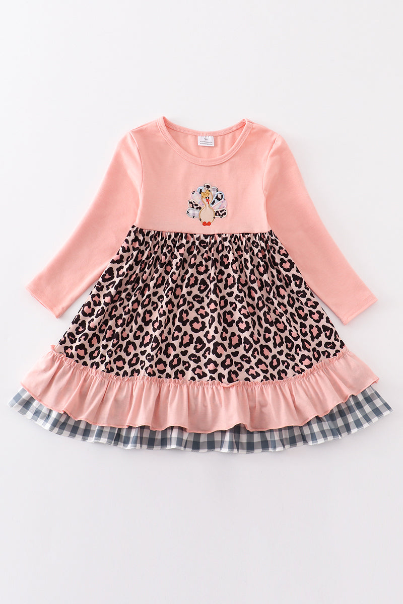 Pink leopard turkey applique girl dress