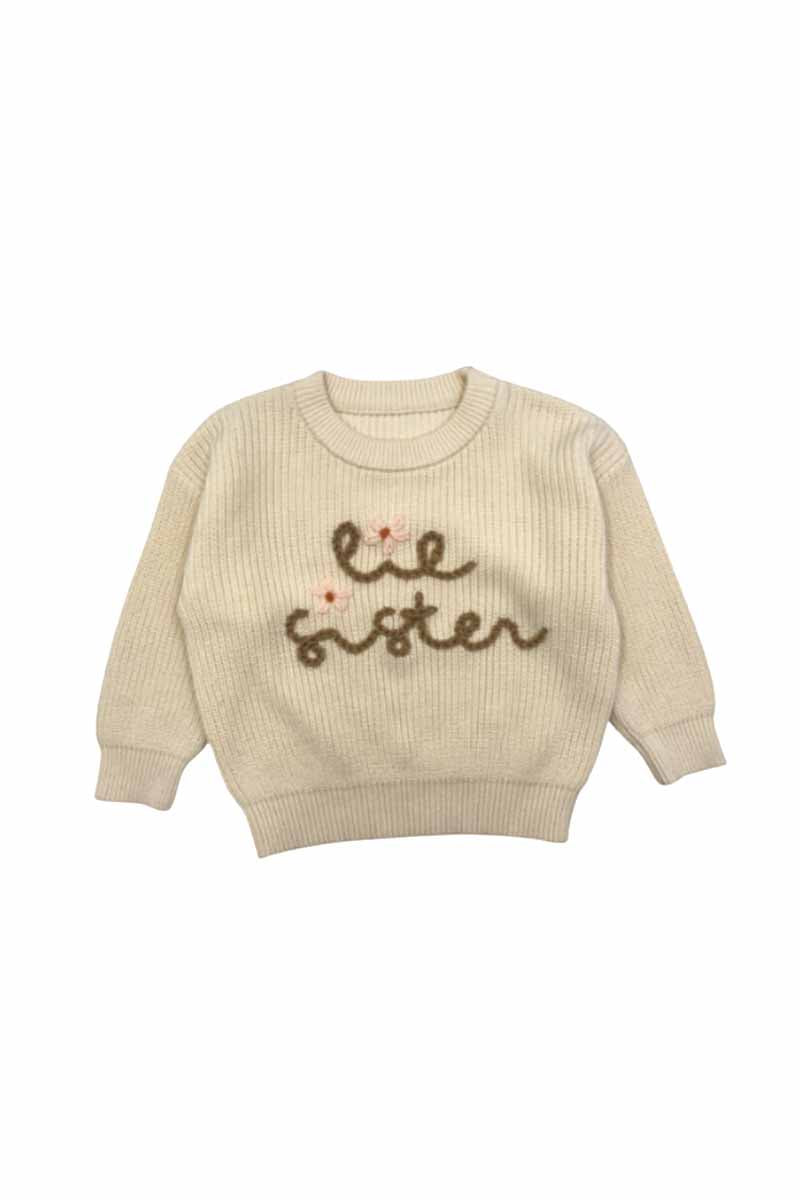 Beige lil sister hand-embroidered pullover sweater