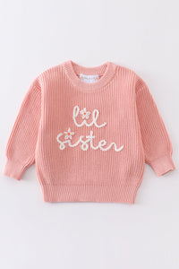 Pink lil sister hand-embroidered pullover sweater