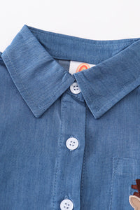 Premium Blue deer applique button down soft denim shirt