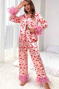 Pink valentine's day heart print fur trim pajamas set for Women