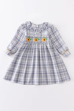 Load image into Gallery viewer, Blue plaid sunflower smocked ruffle dress

