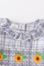 Load image into Gallery viewer, Blue plaid sunflower smocked ruffle dress
