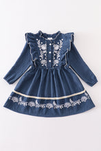 Load image into Gallery viewer, Navy plaid floral embroidery ruffle dress
