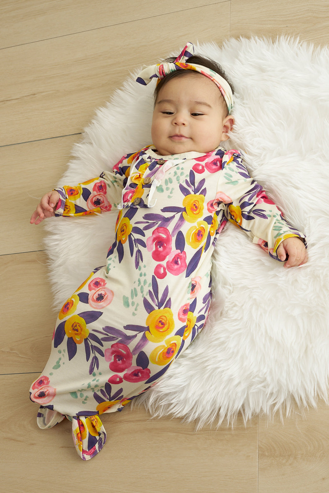 Floral print hairband bamboo baby gown