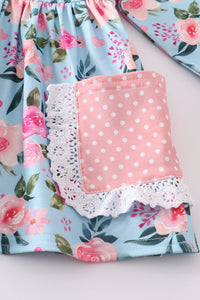 Pink floral print ruffle girl set