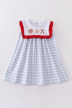 Load image into Gallery viewer, Blue plaid baseball embroidery dress

