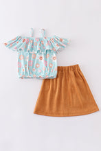 Load image into Gallery viewer, Blue smiling face floral print suede skirt set
