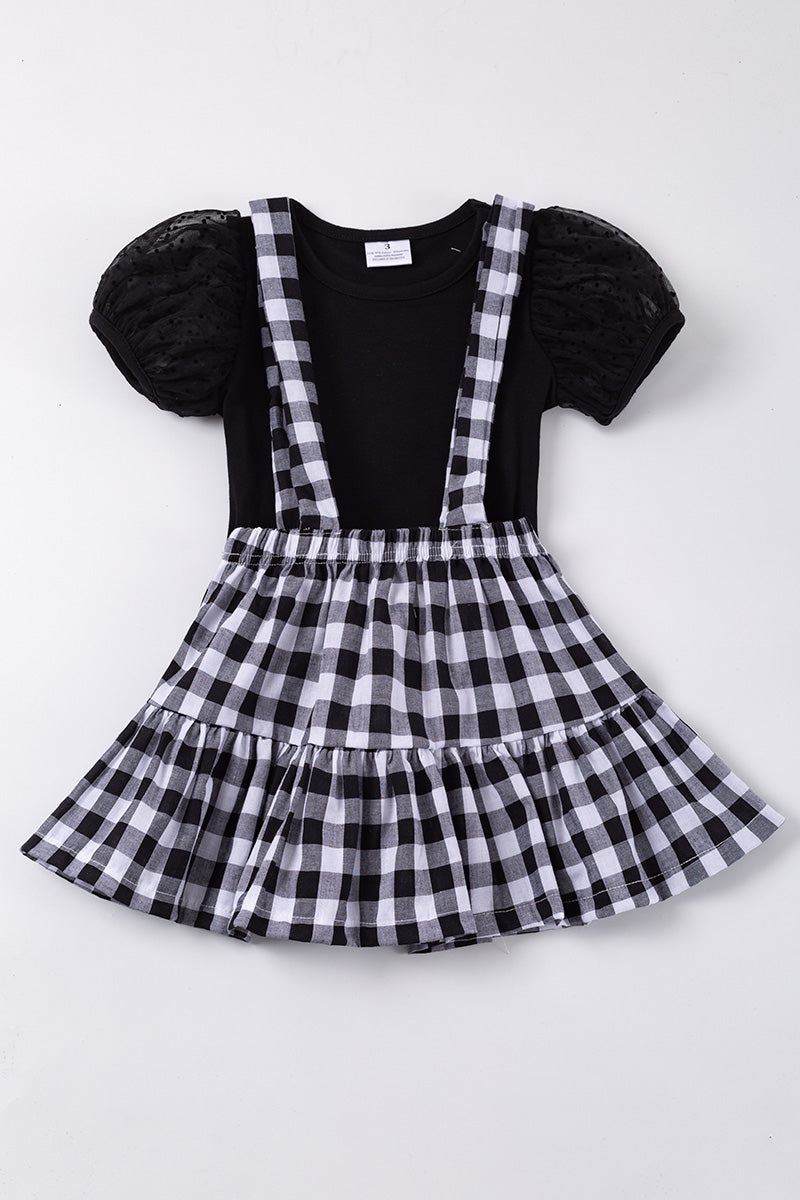 Black plaid strap dress set