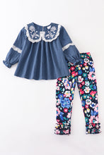 Load image into Gallery viewer, Navy embroidery  ruffle girl set
