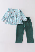 Load image into Gallery viewer, Green velvet floral ruffle girl set
