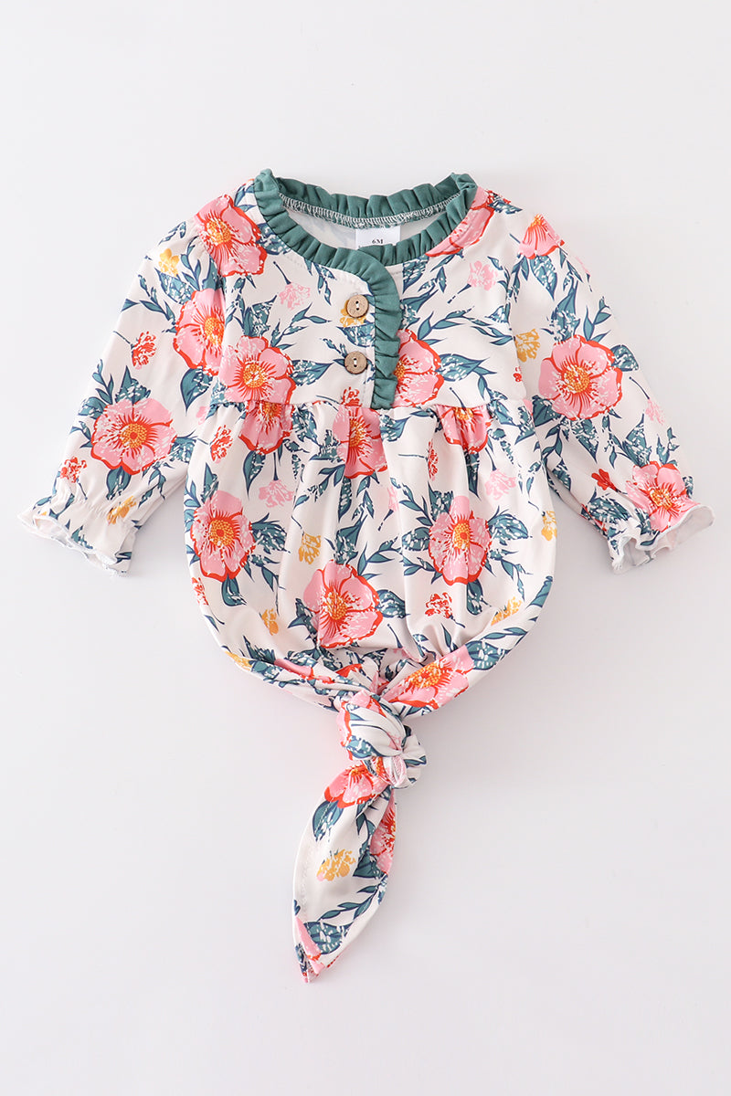 Green floral print baby gown