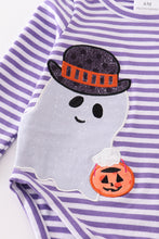 Load image into Gallery viewer, Purple stripe ghost pumpkin applique boy romper
