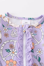 Load image into Gallery viewer, Purple skeleton floral ruffle baby romper
