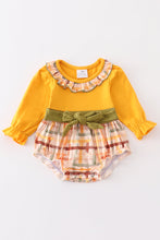 Load image into Gallery viewer, Mustard plaid ruffle baby romper
