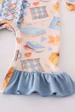 Load image into Gallery viewer, Blue plaid pumpkin print ruffle baby romper
