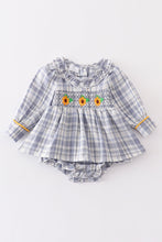 Load image into Gallery viewer, Blue plaid sunflower smocked ruffle bay romper

