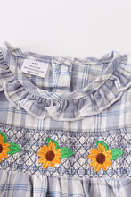 Load image into Gallery viewer, Blue plaid sunflower smocked ruffle bay romper
