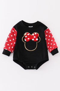 Black character french knot baby romper