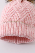Load image into Gallery viewer, Pink cross cable knit pom pom beanie hat baby toddler adult

