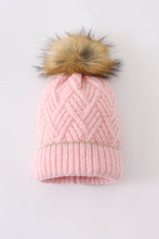 Load image into Gallery viewer, Pink cross cable knit pom pom beanie hat baby toddler adult
