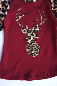 Maroon reindeer leopard icing sleeve raglan shirt CXSY-012319