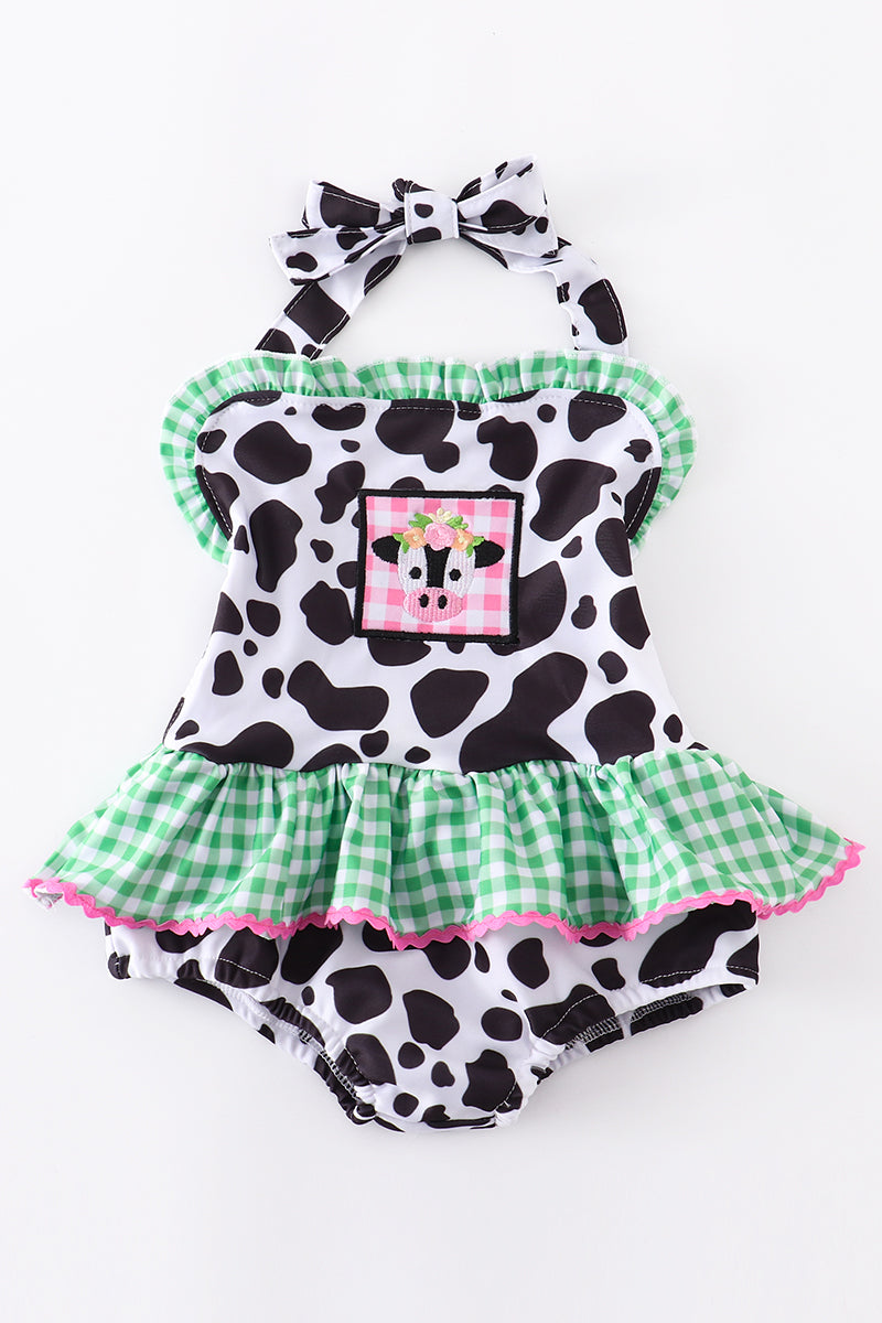 Cow embroidered one piece swimsuit