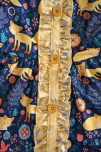 Load image into Gallery viewer, Navy mustard fox print ruffle dress 150359
