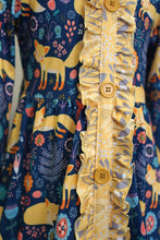 Load image into Gallery viewer, Navy mustard fox print ruffle dress 150359
