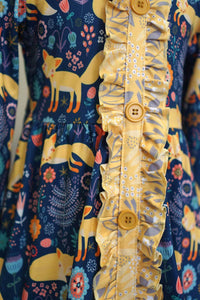 Navy mustard fox print ruffle dress 150359