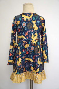 Navy mustard fox print ruffle dress 150359