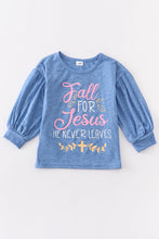 Load image into Gallery viewer, Blue fall for jesus girl top
