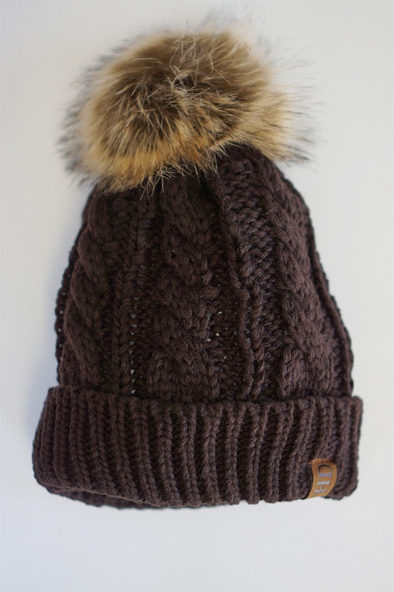 Kids solid brown pom-pom cable knit beanie hat 190906