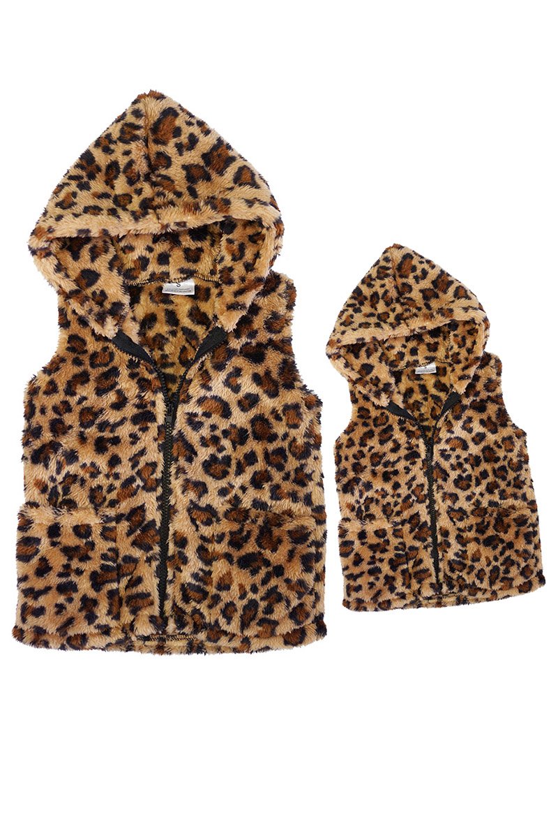 Leopard hoodie sherpa vest jacket for Women mommy & me style 191121