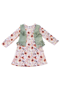 Floral print dress with suede tassel vest set CXQTZ-202992