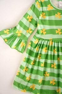 Green stripe clover print bell sleeve dress CXQZ-204025 sale
