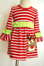 Load image into Gallery viewer, Red stripe reindeer applique ruffle dress QZ-319507
