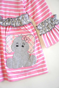 Pink stripe elephant applique ruffle dress QZ-319532