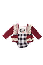 Load image into Gallery viewer, Maroon plaid heart lace ruffle romper DXPPF-319655
